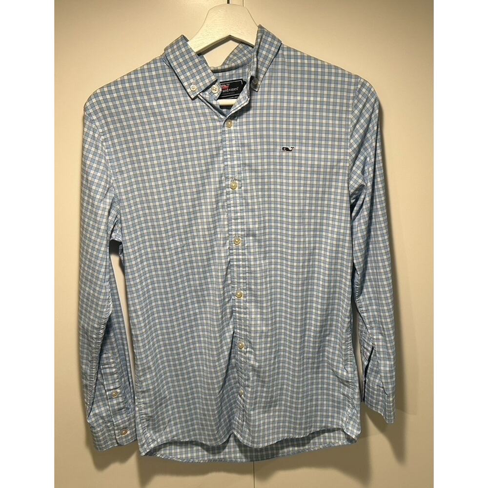 Vineyard Vines Boys Perfomance Whale Shirt Button Up Long Sleeve Blue Plaid L 16